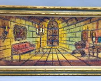 Van Hoople (American, b. 1935) Dimensional Painting On Board Of Historic Hallway, Framed, 65" Wide x 27" High