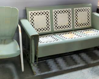 Outdoor Metal Glider With Lattice Design And Matching Chair With Sea Shell Design