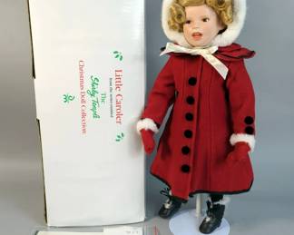 Danbury Mint Shirley Temple Christmas Doll Collection Little Caroler Porcelain Doll, 17" Tall, Serial # A2497, With Accessories And Stand, In Box