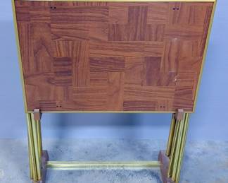 Vintage Faux Parquet Wood/Brass TV Tray Set Of 4 With Stand