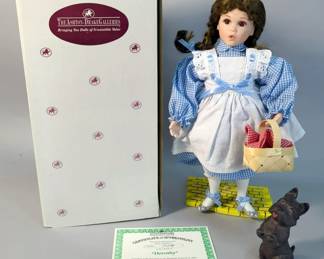 Ashton-Drake Galleries Wizard Of Oz Dorothy Porcelain Doll, 13" Tall, With Toto Figure And Basket, On Stand, With COA, In Box