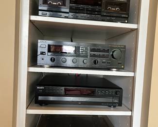Sony cassette deck TC-WR8es, receiver STR-GX7ESII, cd changer CDP-CE375, Denon turntable DP-23F 