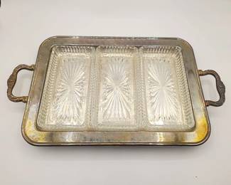 Vtg 3 Pc Glass Section Relish Dishes w/ Metal Silverplate Etched Serving Tray