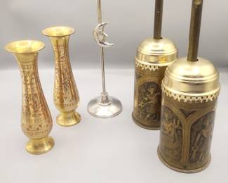 • etched brass vases
• metal candlestick
• Berndorf 