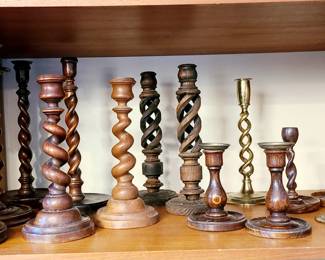 Wooden  & brass candlesticks including antique english & vintage barley twist