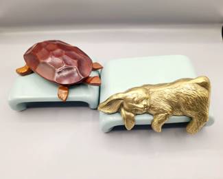 •Wood carved turtle trinket box 
•Vintage solid brass sleeping bunny - SOLD