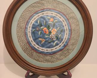 Antique Vintage Chinese Silk Hand Embroidered Panel Butterfly &  Flowers framed art