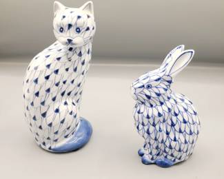 Andrea by Sadek ~ cat & bunny hand painted blue and white fishnet pattern Herend Style