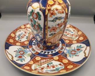 Handpainted Goldimari Asian large platter & matching vase