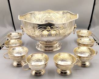 Punch bowl w/18 cups
Silver on Copper
Hand Chased