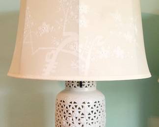 Reticulated Blanc de Chine Porcelain Table Lamps, Hand Painted Silk Shades
*we have two