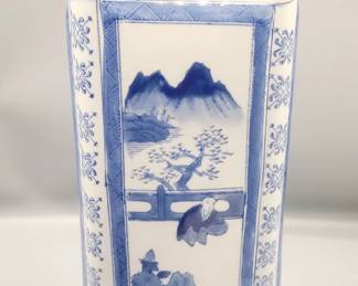 Vintage Bombay China White and Blue Porcelain Vase with Base/Chinese Landscape White and Blue Tall Pedestal Vase