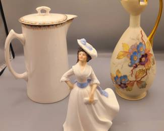 ▪︎ Edwin M. Knowles  China Co. 1111 pitcher w/lid
▪︎ Royal Doulton figurine  - Margaret
▪︎ Austria Victoria Carlsbad handpainted pitcher 
