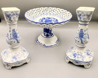 Blue & white candlesticks and classic blue & white fruit plate