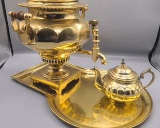 Vintage brass Turkish samovar w/small tea pot & Russian Imperial tray 
*mid 20th century