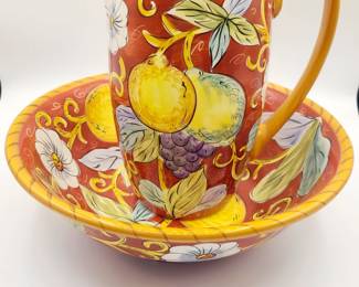 Villa Antiqua hand painted and hand crafted pitcher and bowl