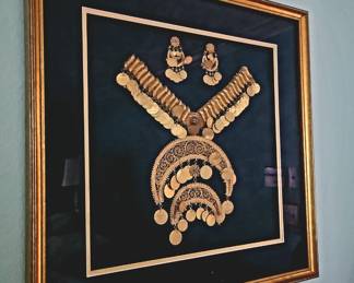 1930's Egyptain inspired coin necklace, bracelet & earrings encased shadowbox art