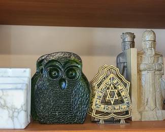 Assortment of book ends including Blenko (SOLD), brass, pewter & marble