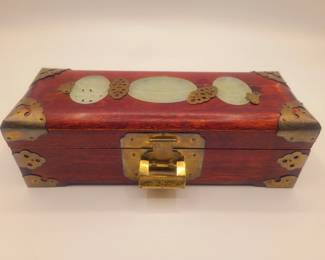 Vintage Chinese rosewood box w/brass trim & carved jade
Made in Shanghai, China