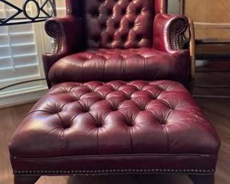 Maroon color tufted wingback chair & ottoman 