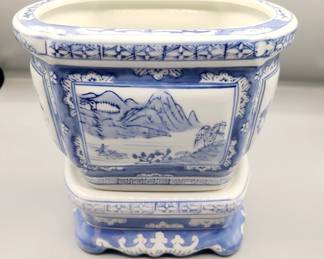 Chinese Blue & White Jardiniere, Cachepot on Ceramic Stand
