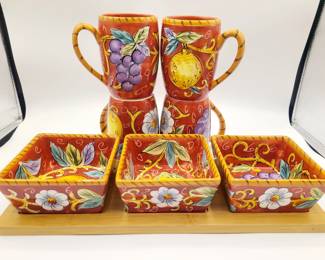 Villa Antiqua hand painted and hand crafted 3 dish serving tray and coffee mugs