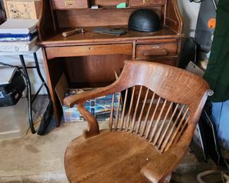 Antique Oak Small Roll Top Desk with Antique Rolling Oak Office Chair