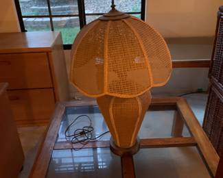 Circa 1980 Coastal Cottage Chic Rattan wicker weave lamp with matching shade, 3 way switch