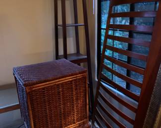 queen mission style head board, mission style display tower, wicker basket hamper