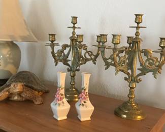 pairs, candle sticks, vases & a turtle
