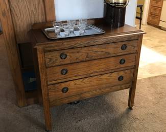 oak side dresser, ice bucket & cocktail glassware
