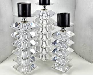 Set of Three Shlomi Haziza Solid Acrylic Stacked Candle Sticks w/ Chrome Accents & Black Candles 12" 14" & 16"