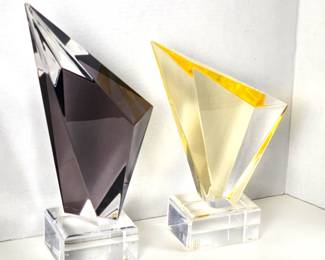 Set of Two Shloma Haziza Acrylic Art Sculptures Contemporary Faceted Shapes in Yellow and Eggplant 11" & 14" Tall