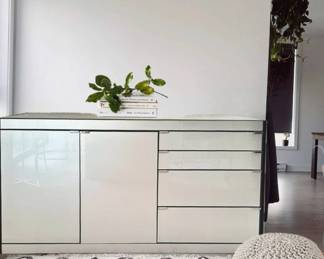 Vintage Ello Buffet Console from the Optima Collection 62” Cabinet and Drawer Unit Clad Hi-Gloss Glass