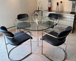 Set of 4 Designer Rick Chang Lee Retro Chrome Armchairs with Charcoal Leather Upholstery