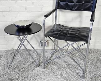  Set of Folding Black Director's Chair and Round Black Metal-Top Table