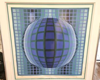  (WATER DAMAGE) Signed LE Serigraph Victor Vasarely "OETVOES" 175/300 Framed and Matted w/ Gallery Documentation
