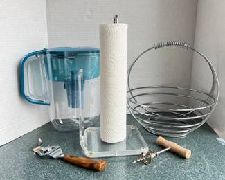 kitchen Essentials- Lucite Paper Towels Dispenser- Wire Fruit Basket- Brita Water Filter- Vtg. Utensils