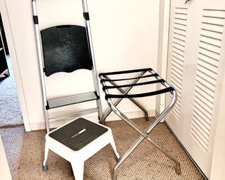 Home Essentials -Set of 3- 10" Tall Step Stool, Small Step Ladder, Chrome Folding Luggage Rack