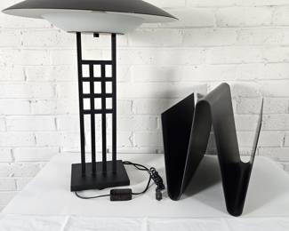 Vintage Designer Robert Sonneman / George Kovacs Post-modernist 23” Table Lamp & Shelter Magazine Stand Room & Board