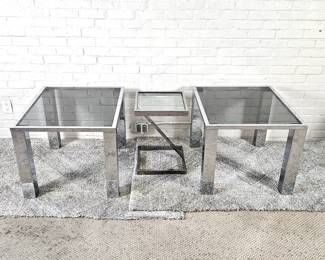 Set of Three Vintage 1980s Chrome and Glass End Tables w/ Smoke Tinted Removable Glass Tops