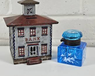 Antique Cast Iron Bank plus Antique Blue Hand Painted Glass Ink Well w/ Hinged Lid