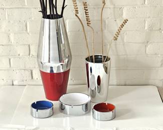 Set of Five Pieces of Retro Style Chrome Decor - Three Ashtrays and Two Vases (taller vase is cast aluminum)