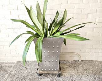  Large Silver Tone Tin Planter - 21" Tall (Excluding Plant) w/ 14" Square Opening