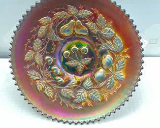Antique Northwood Carnival Glass Footed Plate in Iridescent Black Amethyst w/ Fruits