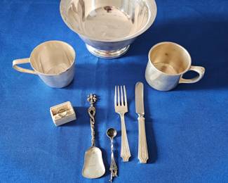  Assorted Sterling Pieces - Revere Bowl, Two Baby Cups, Knife & Fork, Baby Ring, Salt Spoon & More