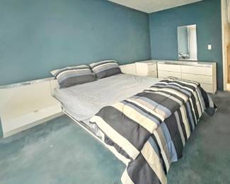 Postmodern White Platform Bed Set with Chrome Trim- Queen Size- 8 pc. Ello Vintage Set