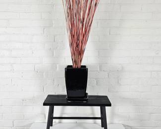 Darling Small Black Wood Bench Plus 11" Black Ceramic Planter w/ Pretty Tan/Red Reeds set in Sand