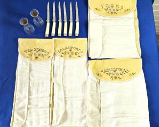 Vintage Flatware Storage Caddies, Vintage 1950 Carvel Hall Steak Knives Briddell, Plus 70s Pyrex Salt Shakers