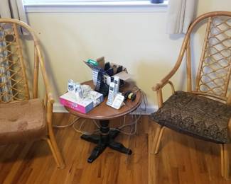 Rattan wicker chairs, table, working phone systems and baby monitor